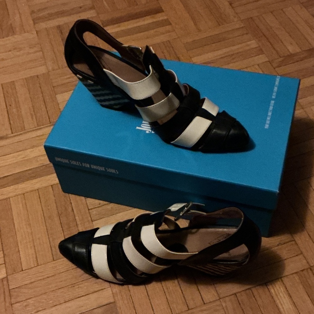 John Fluevog Black and Cream Strappy Heels